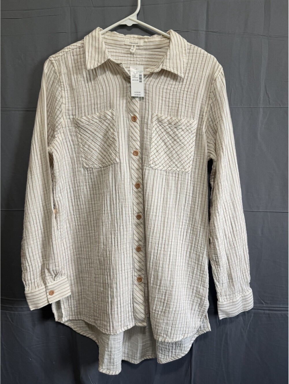 Maurices Women’s Medium Gauze Button Front Shirt Cream Stripe 100% Cotton NWT